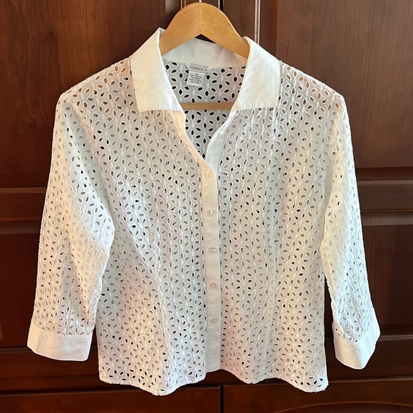 Isabela D. White Eyelet Flower Lace Button Down Shirt 3/4 Sleeve V Neck Size 14 - Picture 1 of 7